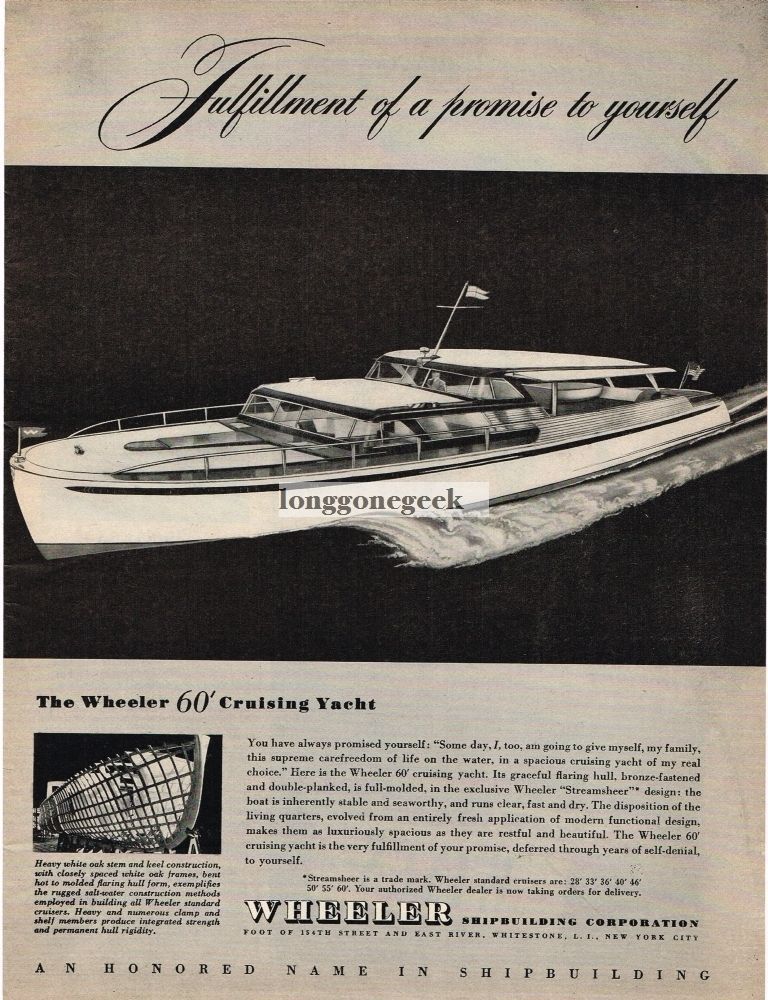 1946 Wheeler Shipbuilding 60' Cruising Yacht art Vintage Ad