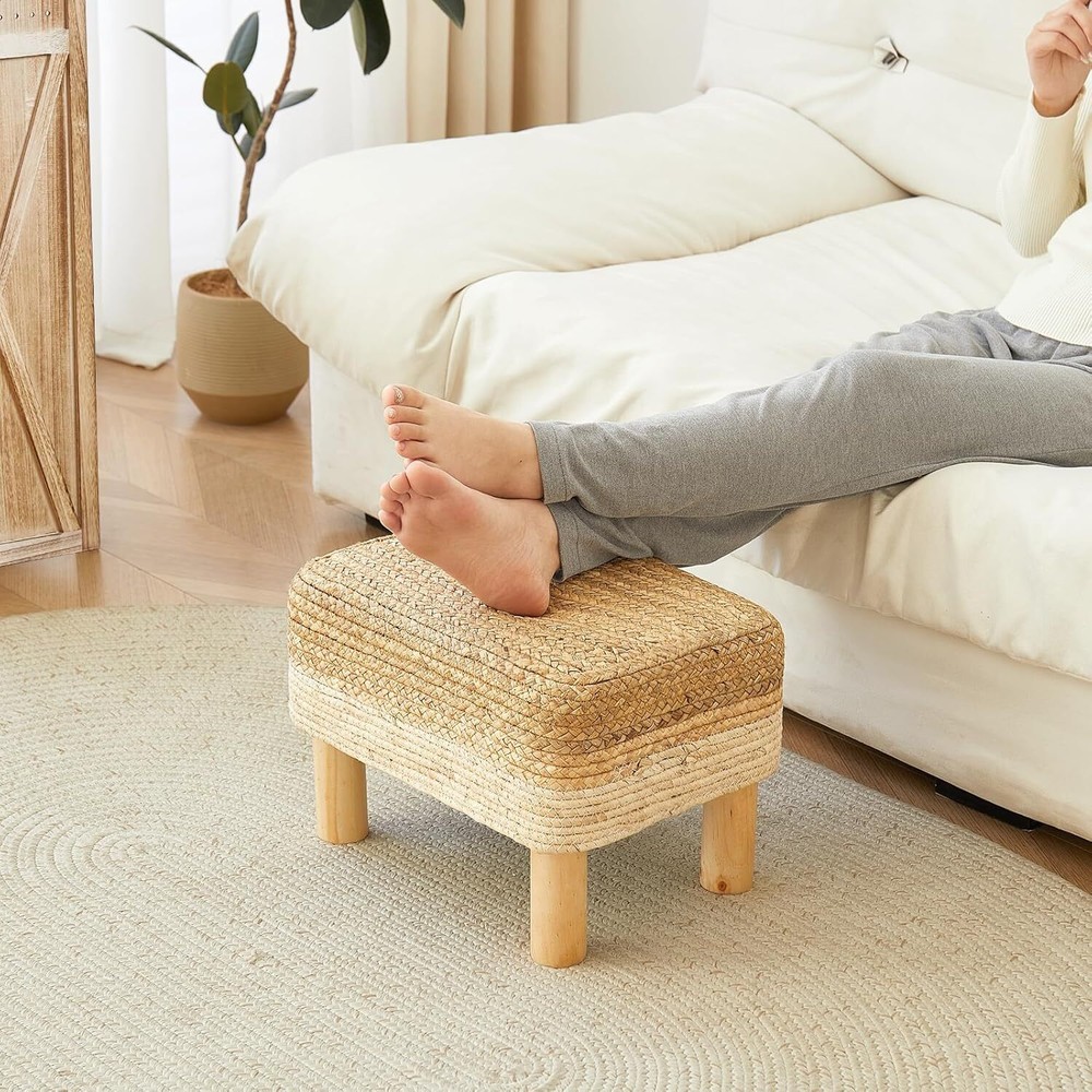 Rectangular Footstool Seagrass Footstool, Hand-Woven Dressing Stool, White