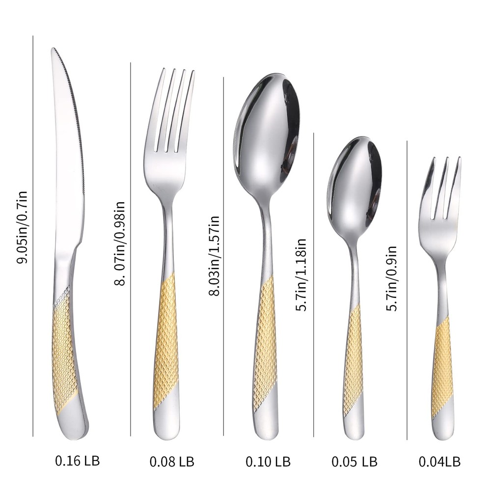 Gold Silver Hammered Silverware Set for 4 Stainless Steel Flatware