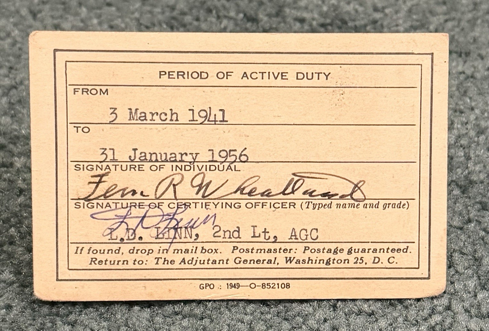 Original WWII US Army Infantry Officers 1941 ID Card With 2 Other Cards