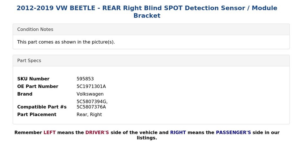 2012-2019 VW BEETLE - REAR Right Blind SPOT Detection Sensor / Module Bracket