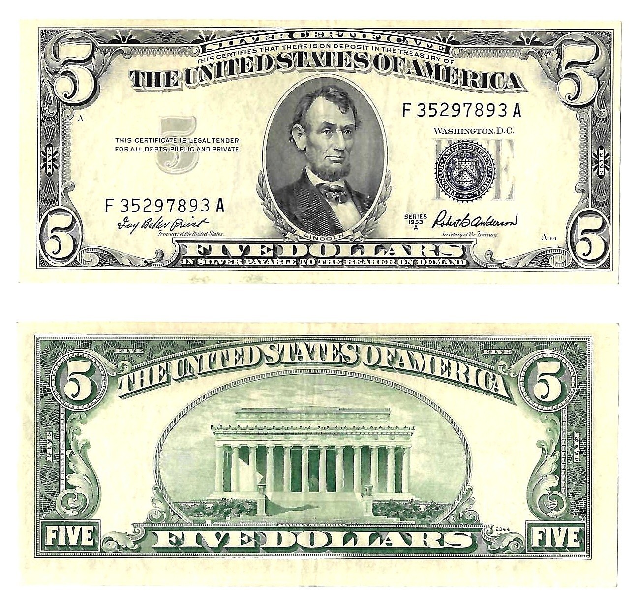 1953-A $5 Silver Certificate F-A Block Fr. 1656 Circ. #7893