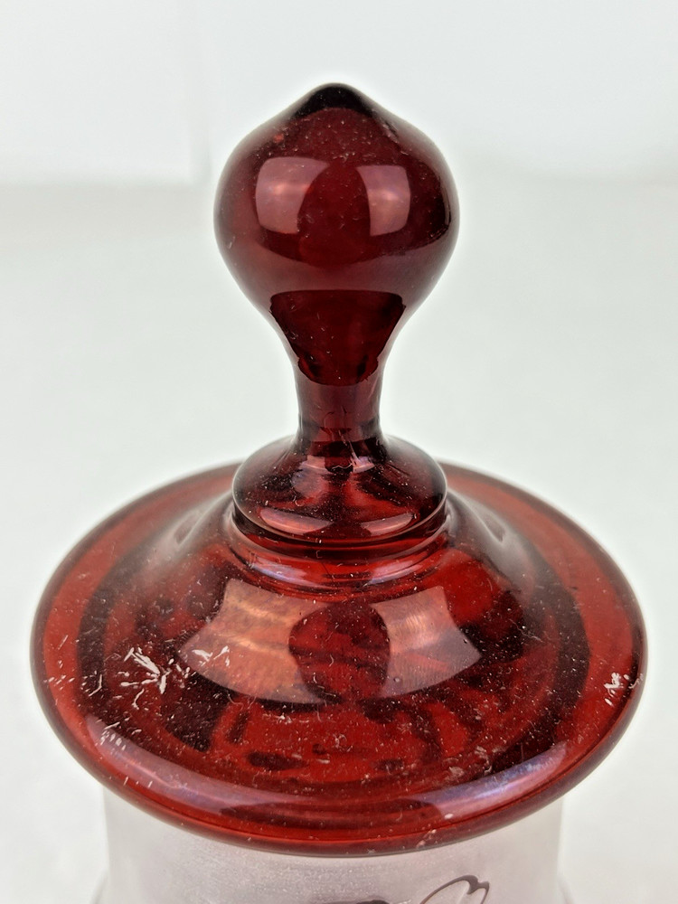 Antique Bohemian Ruby Red Covered Candy Dish W/ Leaf Pattern 7"