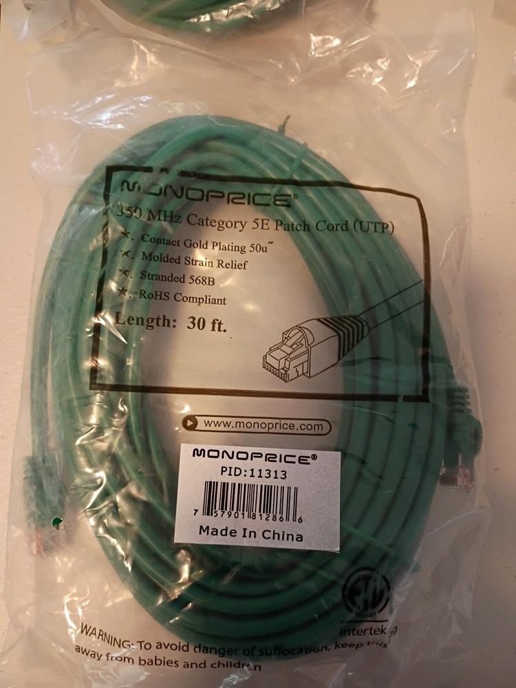 350MHz Cat 5E Patch Cord 30ft- Green