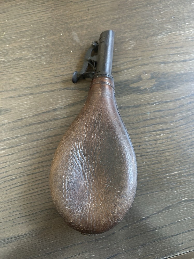 Vintage Powder Flask Brass & Leather Embossed for Muzzleloader Black Powder