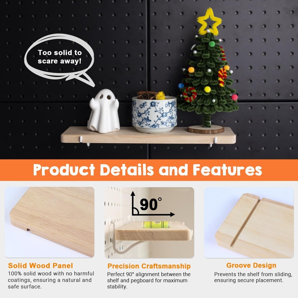 Solid Wood Pegboard Shelf, Pegboard Shelves with Pegboard Hooks, Pegboard Acc...