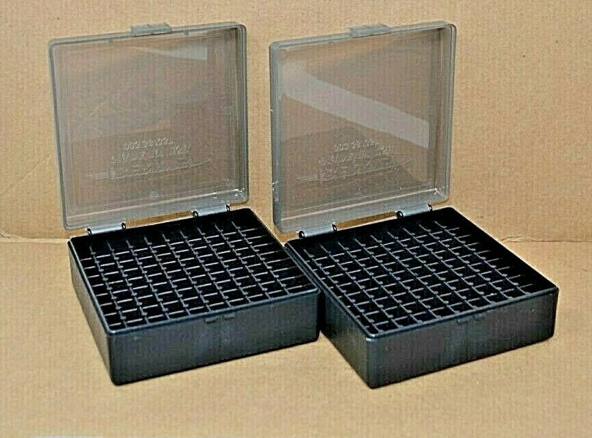 (2) 357 / 38 BERRY AMMO BOXES 100 ROUND STORAGE & RELOADING (SMOKE / BLACK) NEW