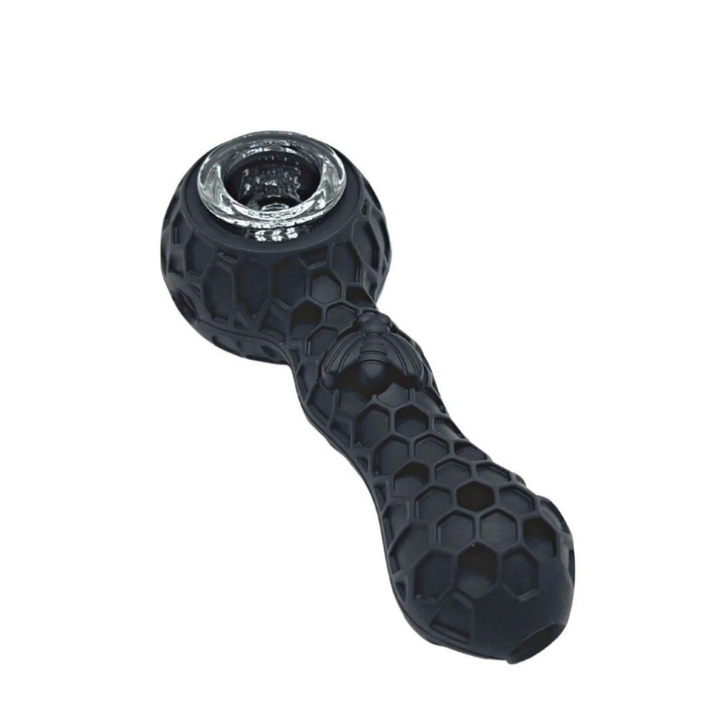 2 Pcs (Blue+Black) SILICONE PIPE 4.3" W/ GLASS BOWL -HoneyComb Bee