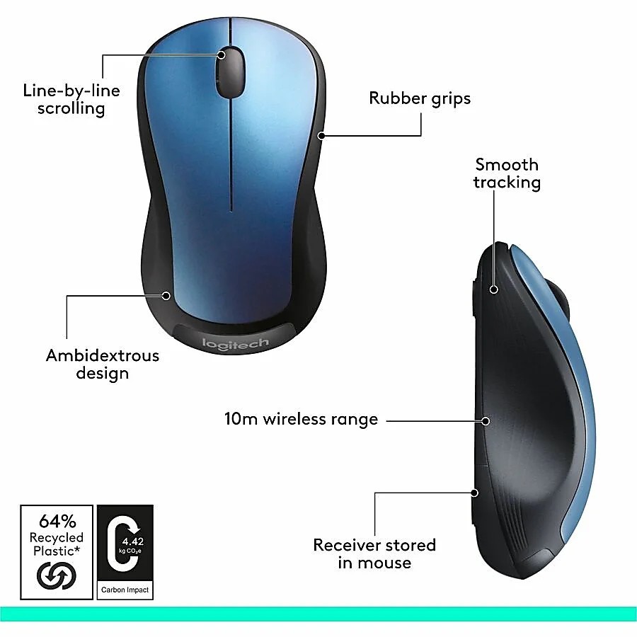 Logitech M310 Wireless Ambidextrous Optical Mouse Peacock Blue