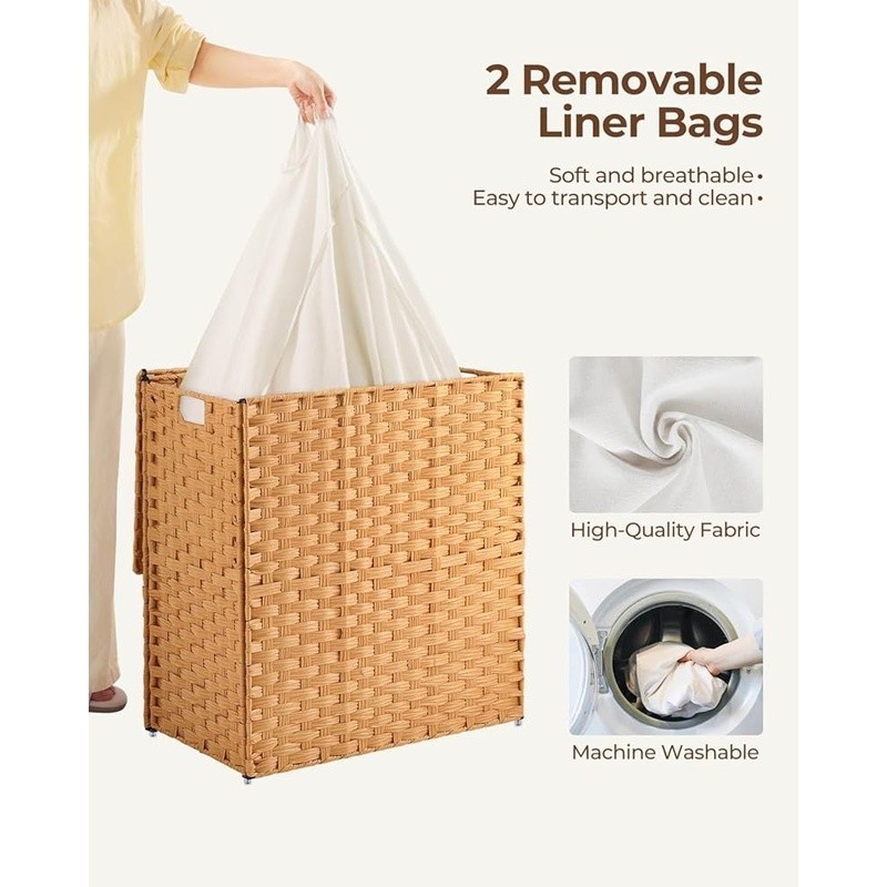 Handwoven Laundry Hamper Waterproof Removable Liner Divided Design Large Storage