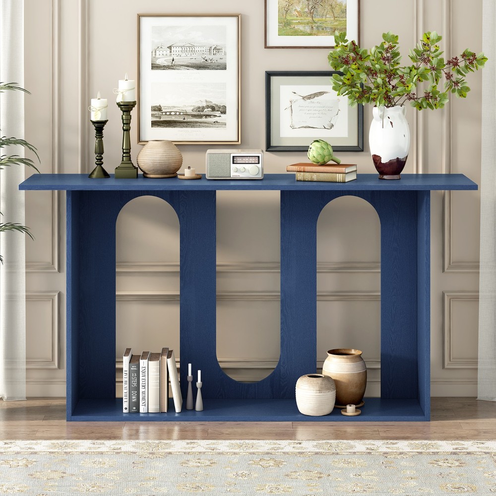 Modern Curved Ash Veneer Console Table with Shelf for Entryway Hallway
