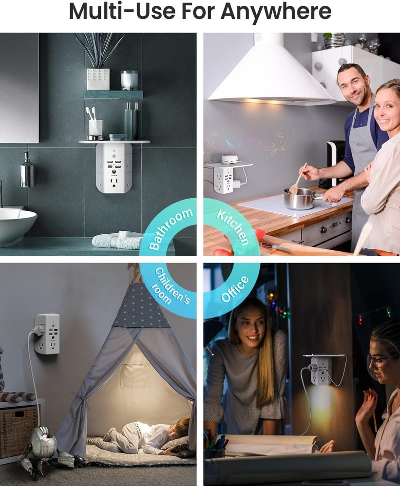 Wall Outlet Extender with Shelf and Night Light Surge Protector Wall Mount