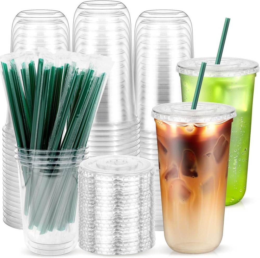 Clear Plastic Cups with Lids and Dark Green Sts, Round Bottom