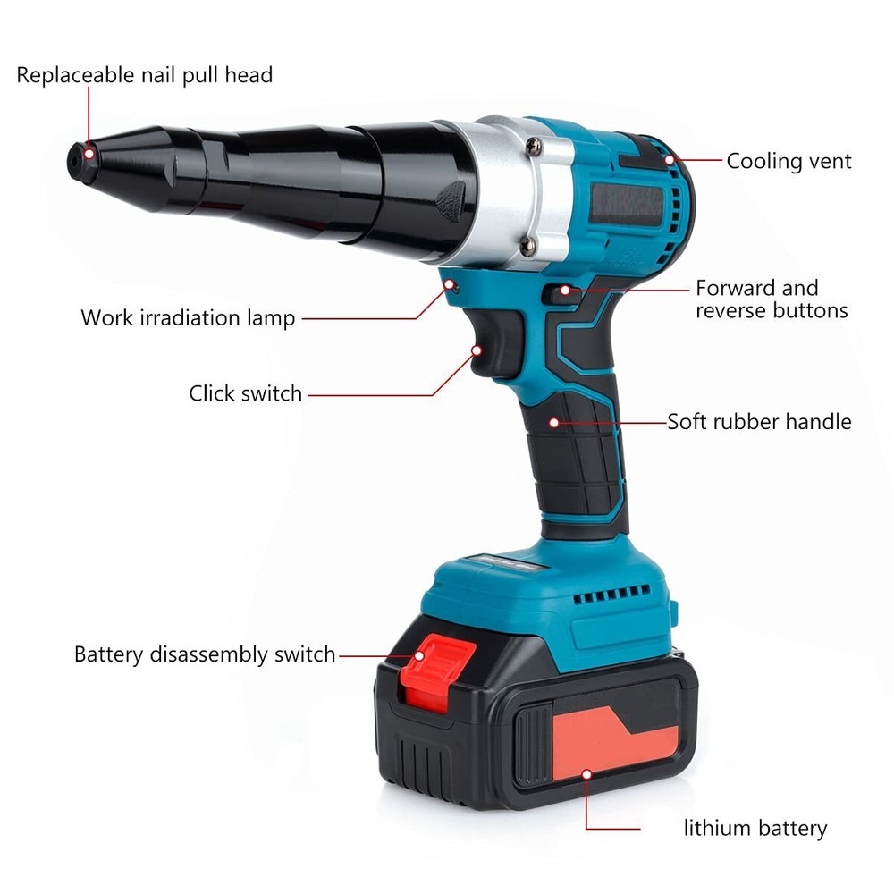 Cordless Ergonomic Rivet Tool Gun Rivnut Setting Tools Nut Setter Blind Riveter