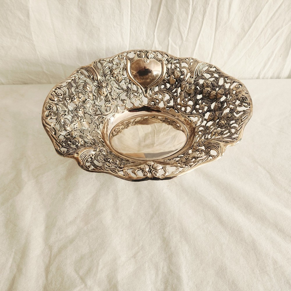 Silverplate Metal Centerpiece Bowl Intricate Pierced Openwork Design Roses