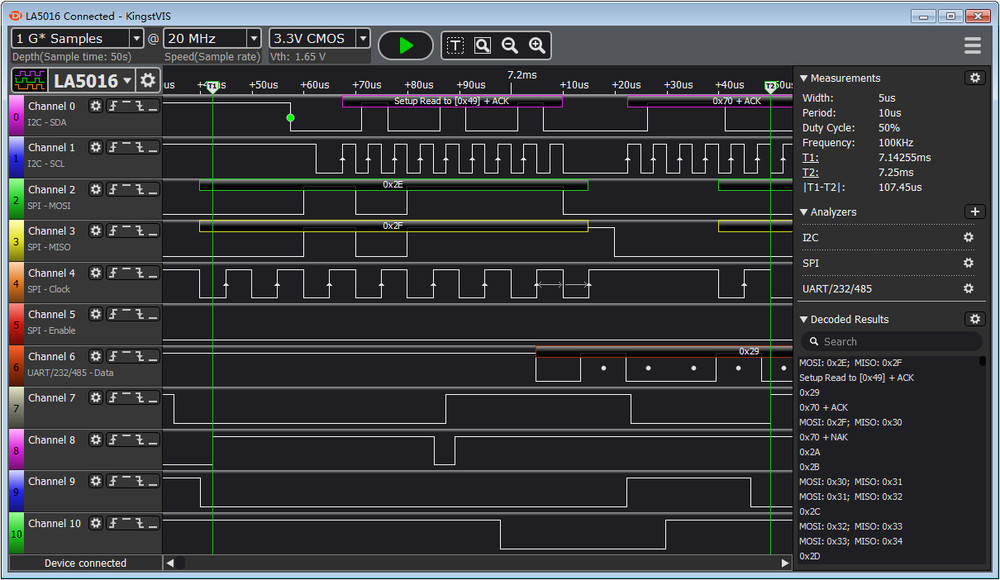 LA5016 USB Logic Analyzer 500M max sample 16 Channels 10B samples PWM Output