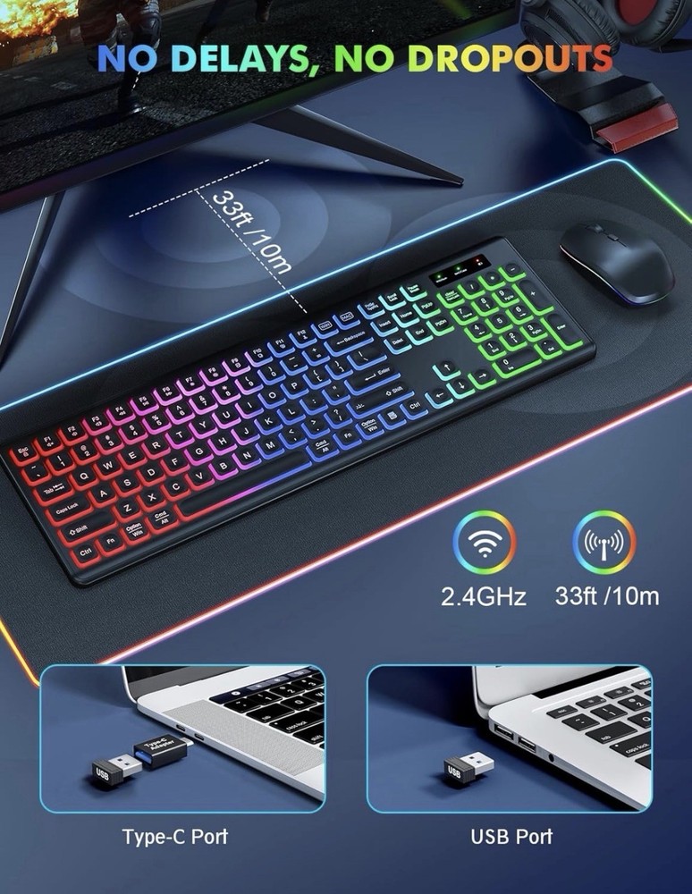 Trueque Wireless Keyboard and Mouse Combo, RGB Backlit, Rechargeable Full Size