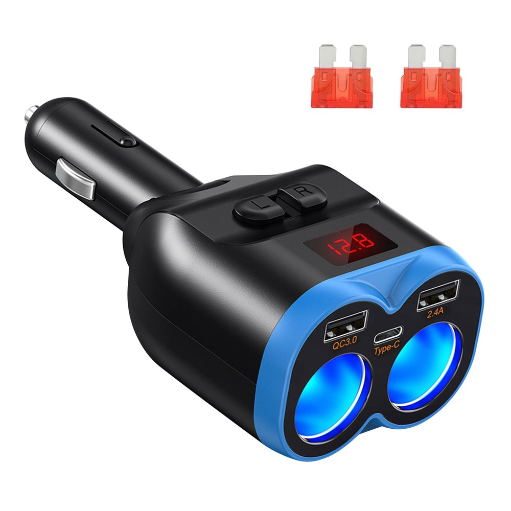 2-Way Car Cigarette Lighter Socket Splitter, 5 in 1 Power Adapter, Quick Charge