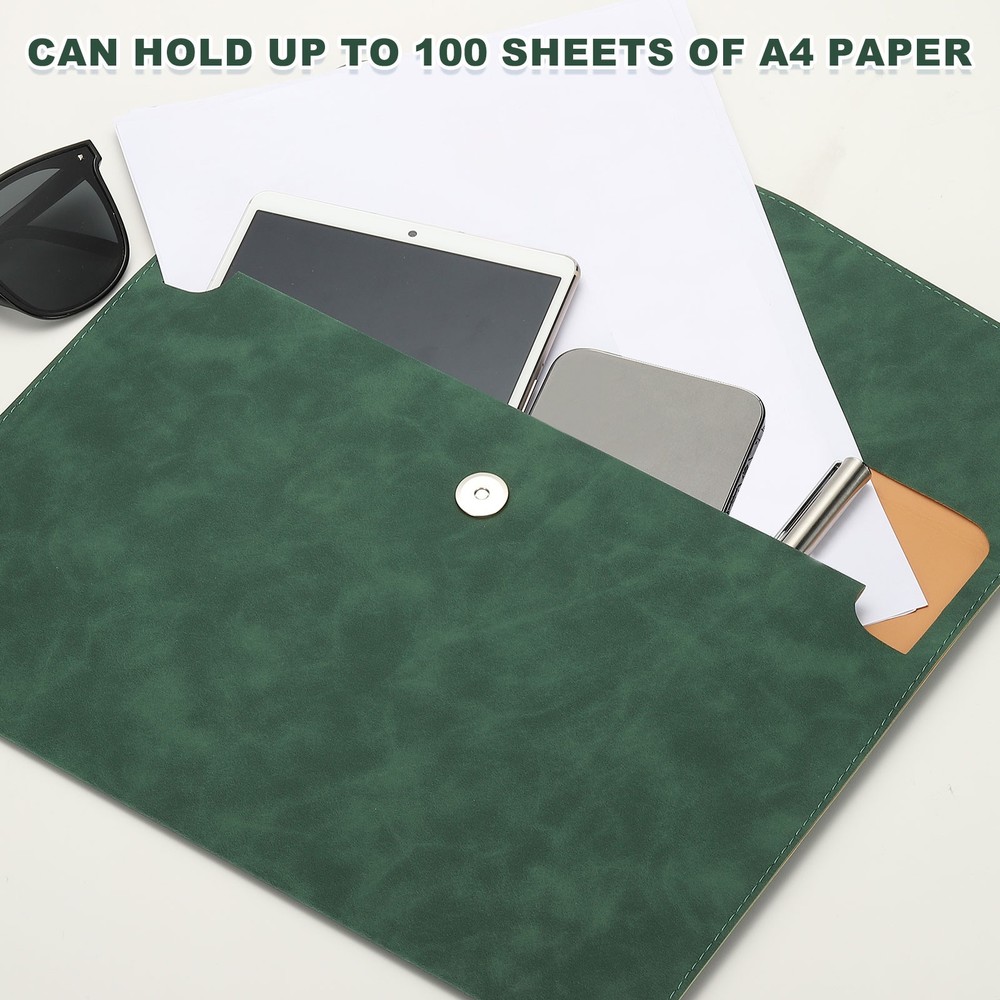 PU Leather A4 File Folder, Document Holder Filing Organizer, Green