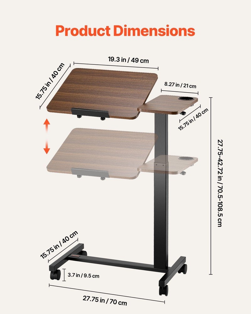 Overbed Table with Flip Top - Adjustable Height & Angle, 4 Wheels, Cup Holder