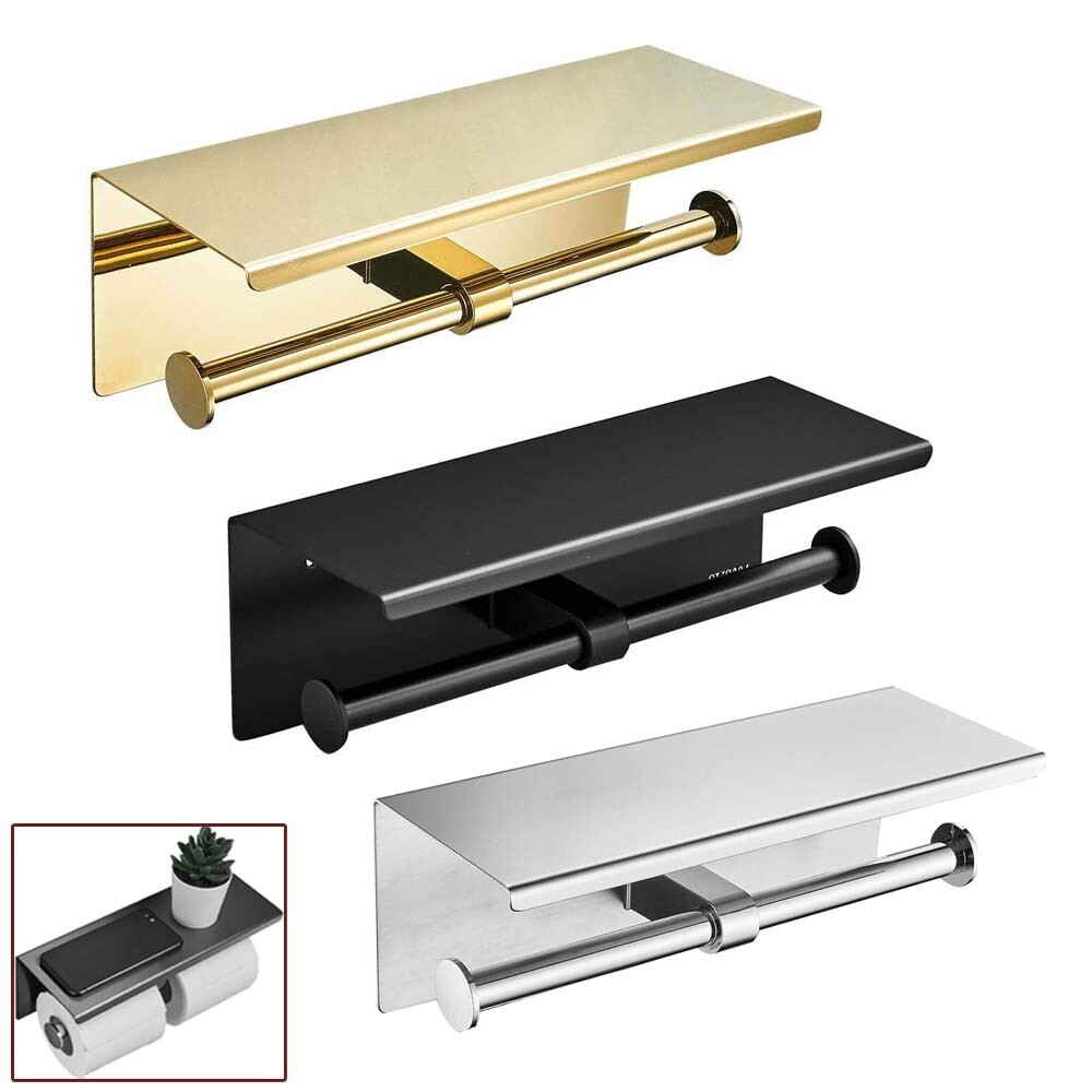 Wall Mounted Toilet Paper Holder with Phone Shelf Bathroom Double Roll Holder US