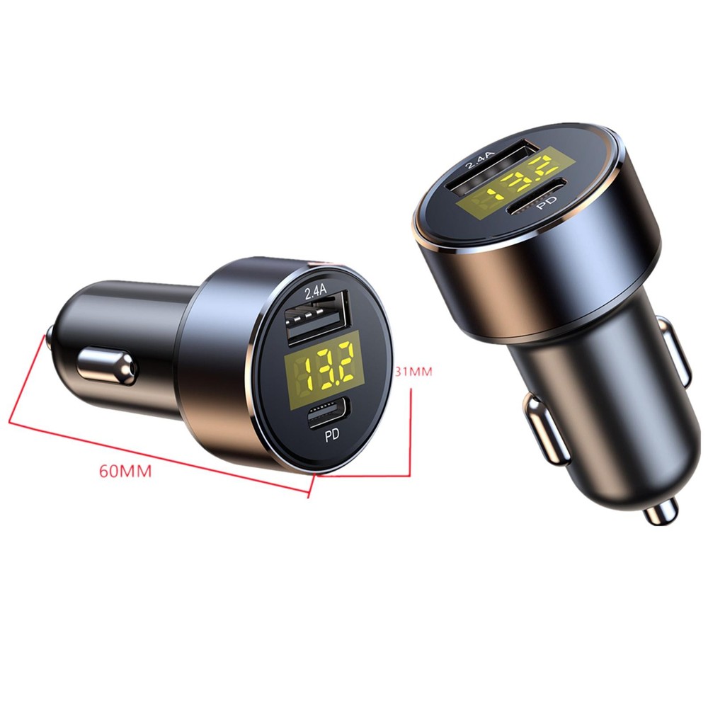 12/24V LED Digital Display USB Type-C PD Car Charger 18W 2.4A Cigarette Lighter