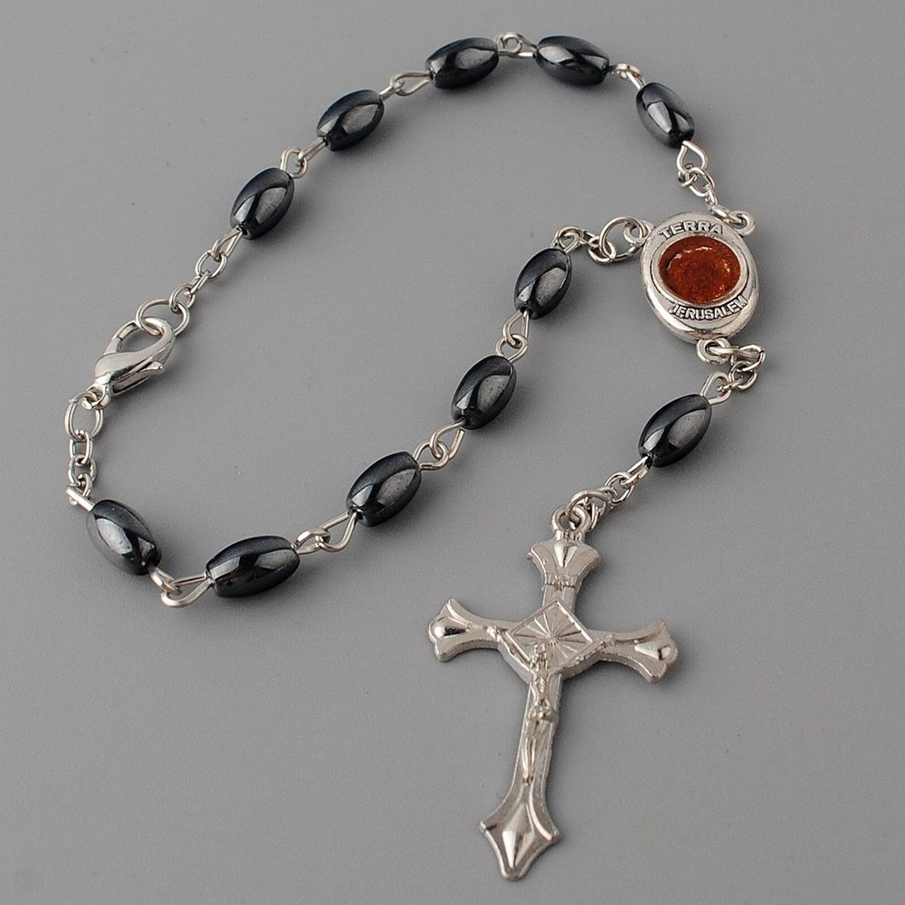 Auto Car Rearview Mirror Rosary Pearl Beads, Jerusalem Holy Soil Medal & Cross