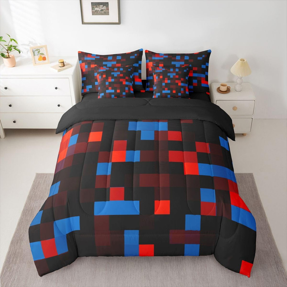 Pixelated Red Blue Black Queen Size Comforter Set with Sheets，Pillowcases & Cush