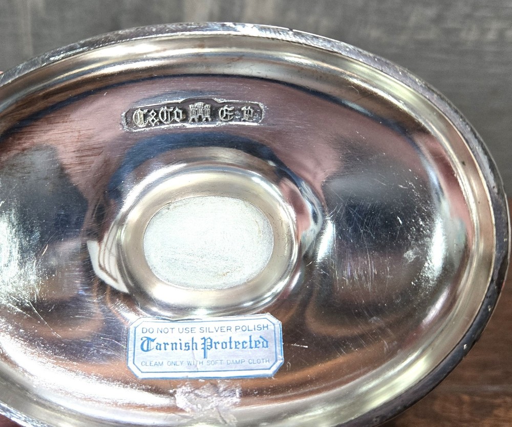 Vtg Corbell & Co Silver & Gold-Plated Oval Dish w Handle and Spoon