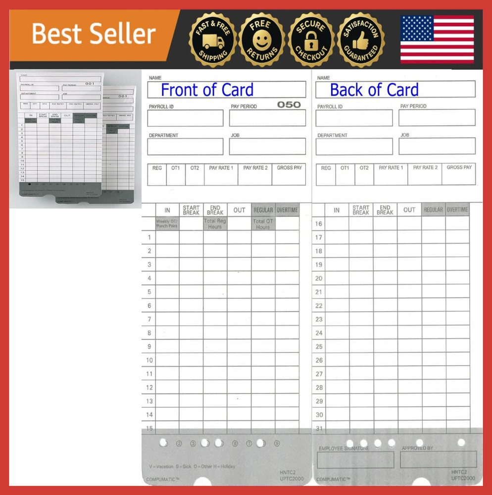 100 Time Cards for AutoAlign Calculating Time Clocks, Compatible & Durable