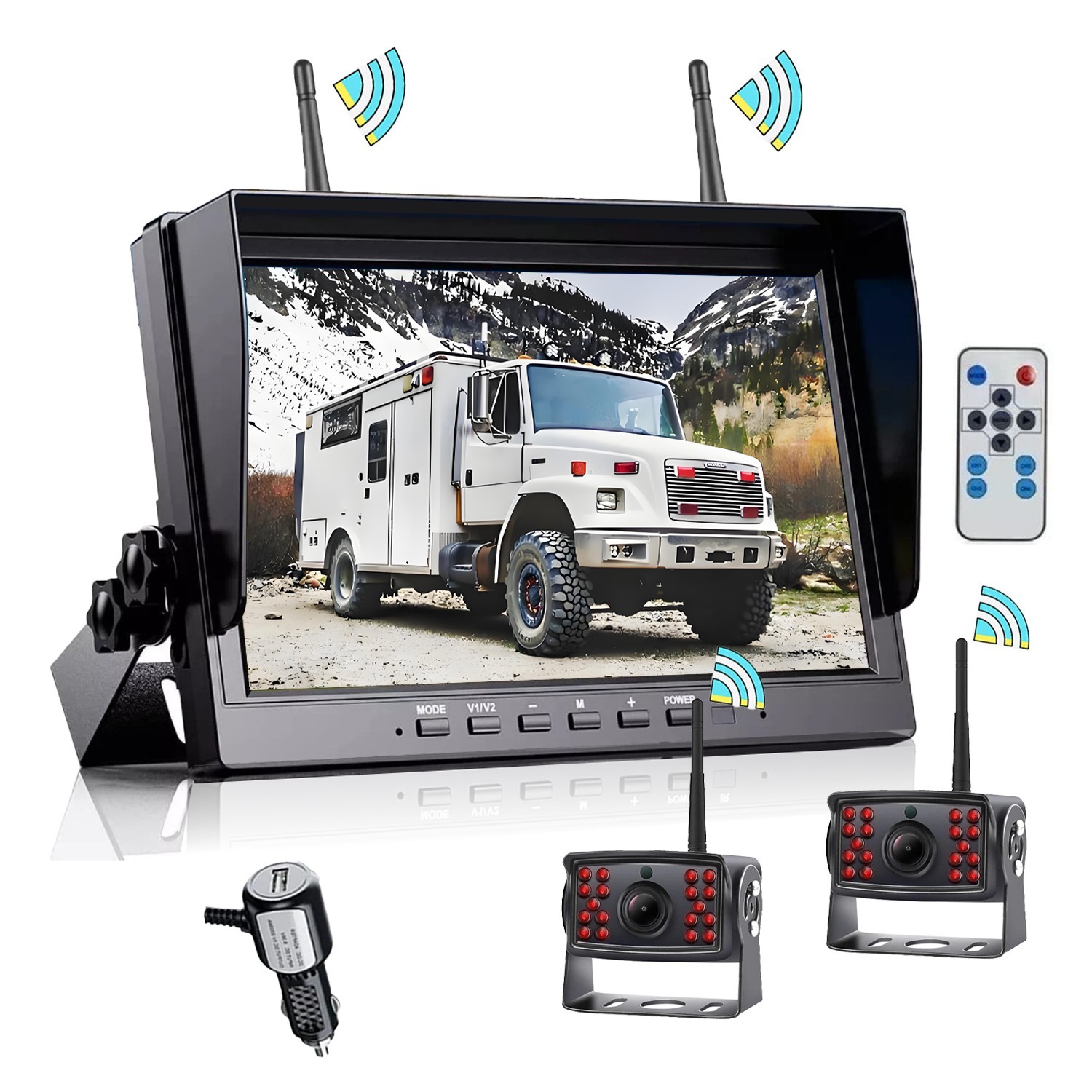10.1" DVR 4-segment Monitor Wireless +2x 1080P Rear View Camera for Truck RV