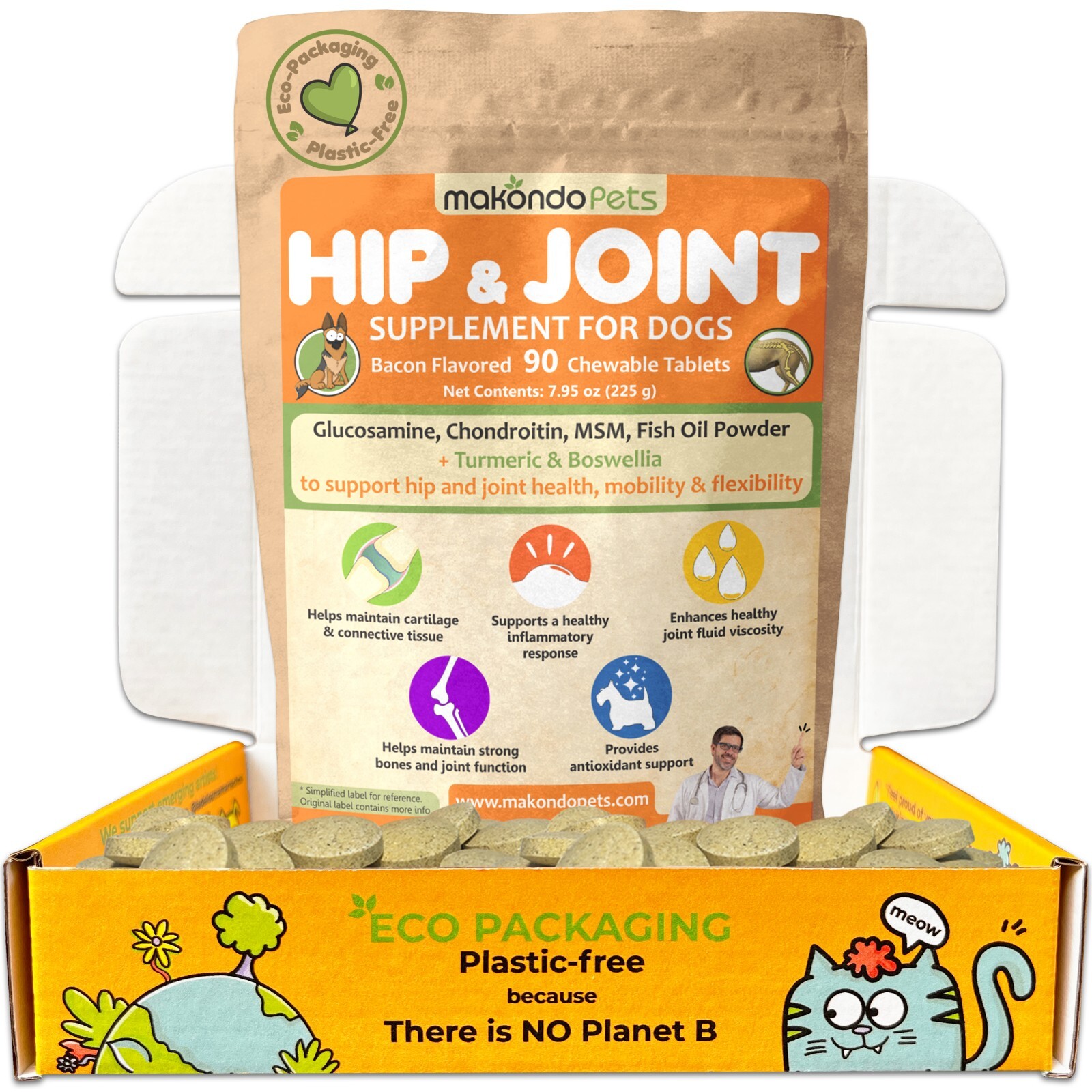 Hip and Joint Supplement for Dogs-Turmeric, Glucosamine. Dog Pain Relief 90 Tabs