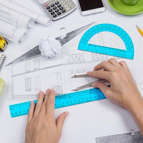 2 Pack 12 Inch Plastic Ruler and 6 Inch Plastic Protractor Set Clear Math Blue