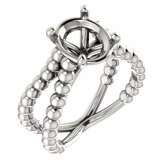 Sterling Silver Oval Cut Solitaire Ring Setting - Beaded Split-Shank Style Ring