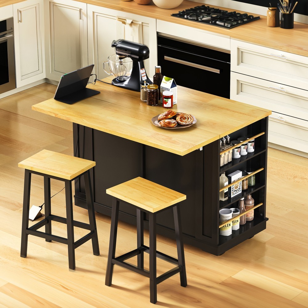Large Kitchen Island Cart with Drop Leaf, Charging Station & 2 Stools, Black