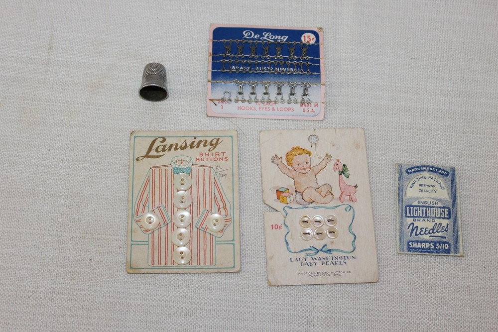 Vintage Sewing Buttons Hooks Thimbles Needles Set