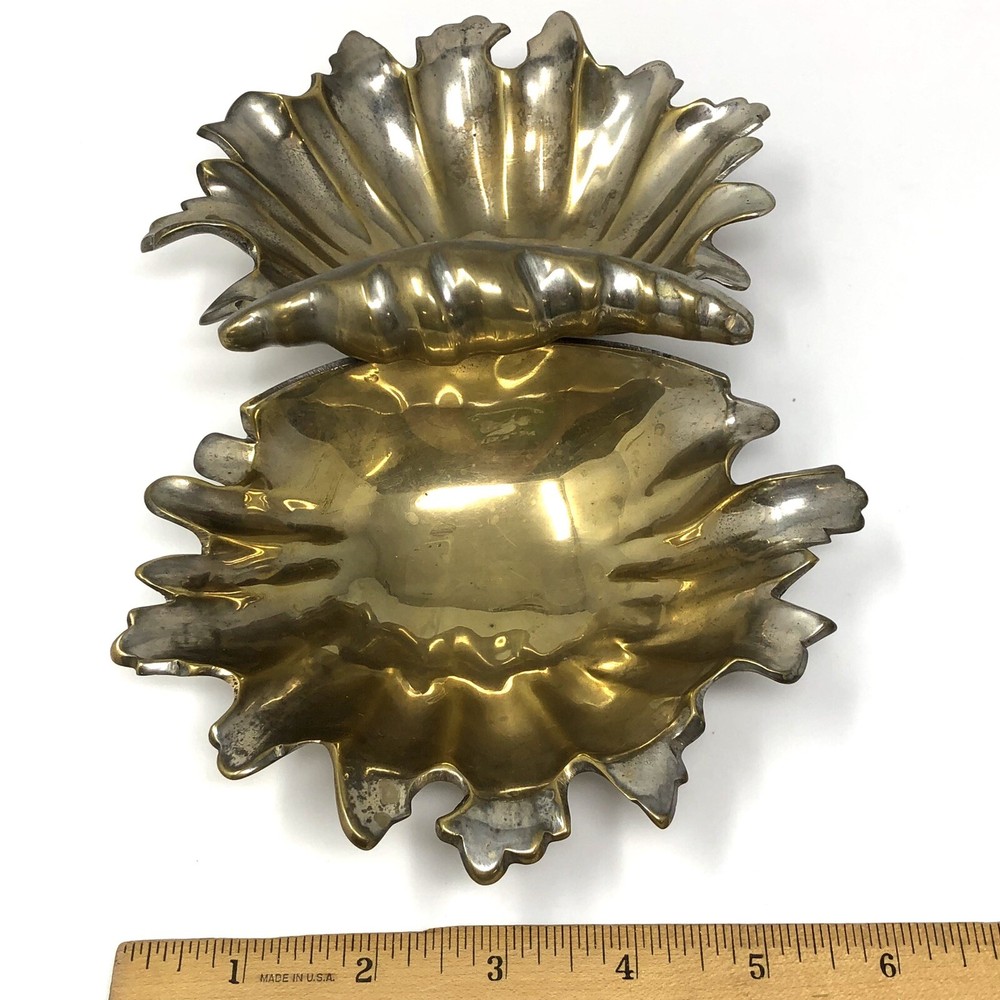 Vtg 1969 Silverplate Seashell Freeform Double Candy Dish Handle Gold Interior