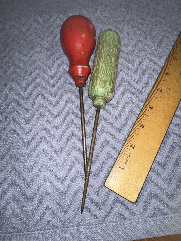 2 Antique Scratch AWL Wood Handle Leather Work Tools