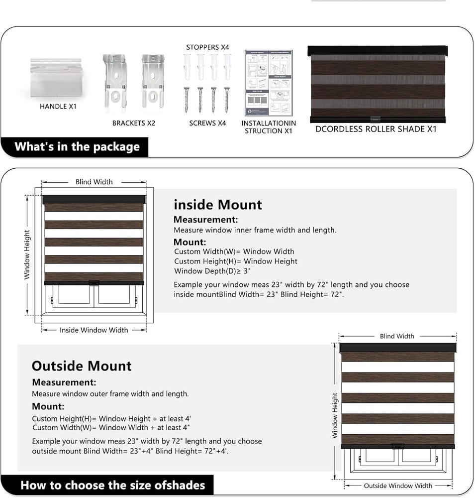 Cordless Zebra Blinds Windows Pull Down Roller Window Shades Dual Layer Light