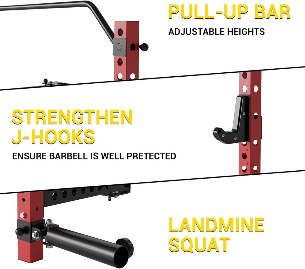 Foldable Squat Rack 1000 LBS Space-Saving with Pull Up Bar & J Hook & Landmine