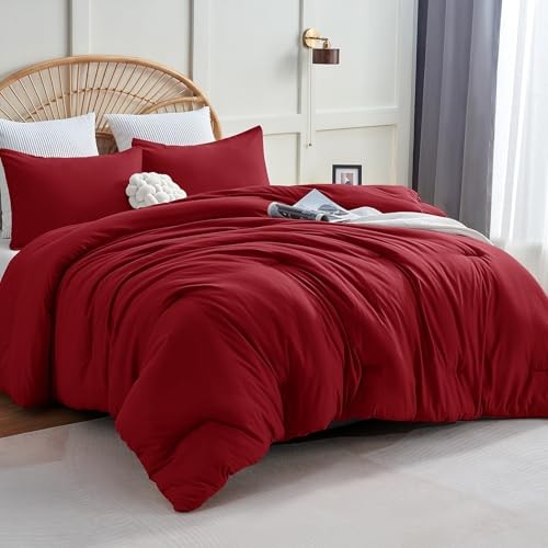 Comforter Set 3 Pieces Solid Comforters Size Breathable Quilted Queen Dark Red