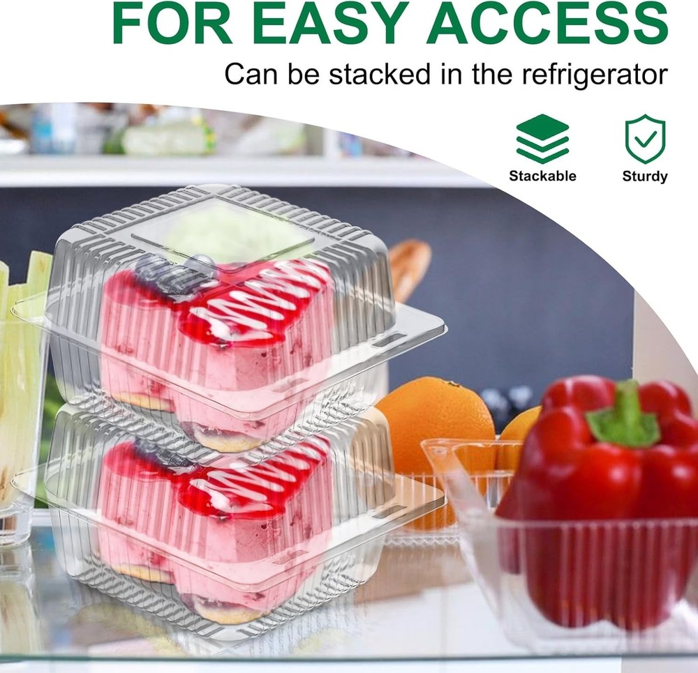 Cake Slice Containers, 100 Pcs Square Clear Plastic Hinged Food Containers wi...