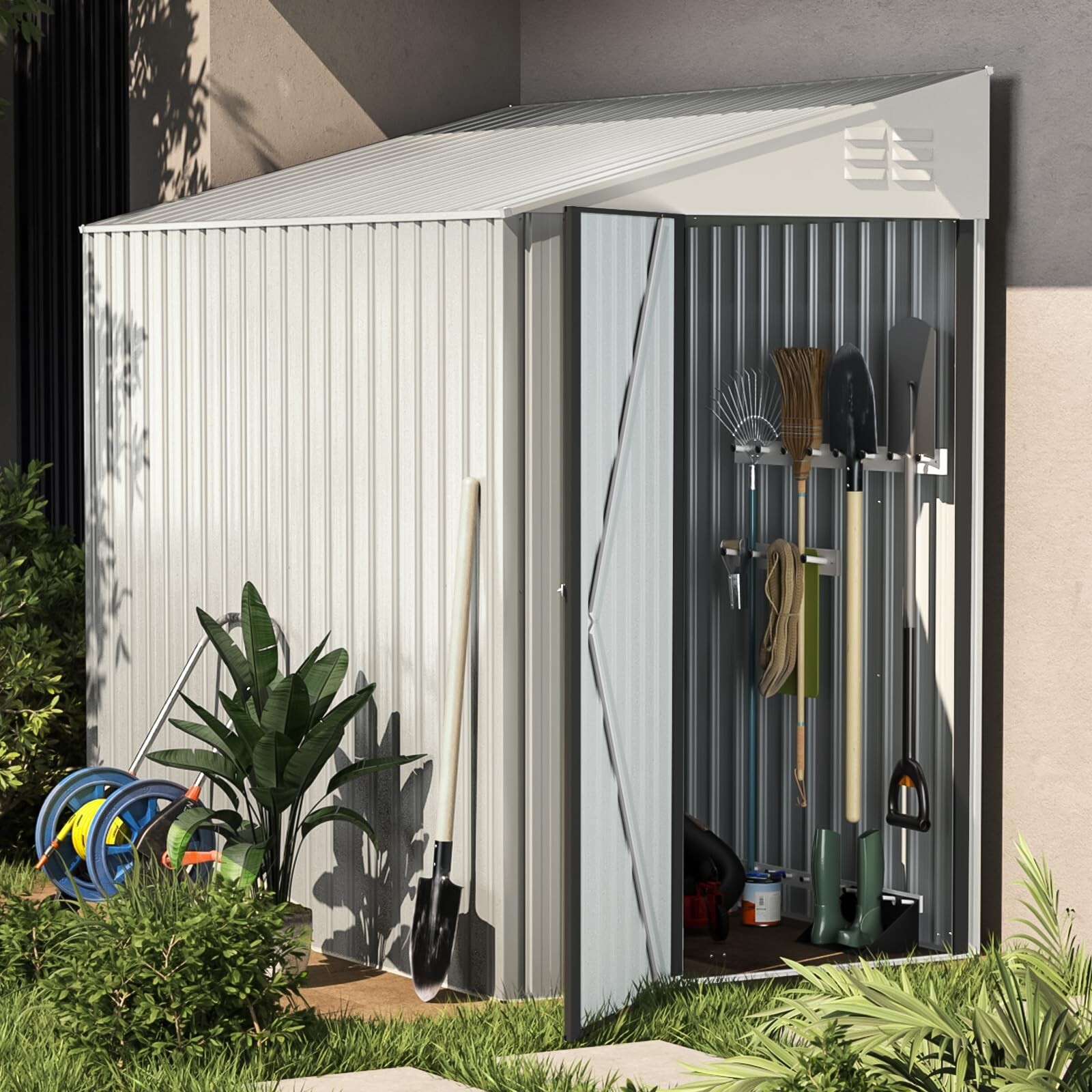 Lean to Garden Storage Shed Outdoor Metal Tool House w/ Lockable Door Multi-size