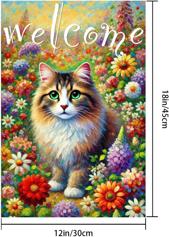 Spring Welcome Cat Garden Flag Double Sided 12x18 Inch Tabby Flag...