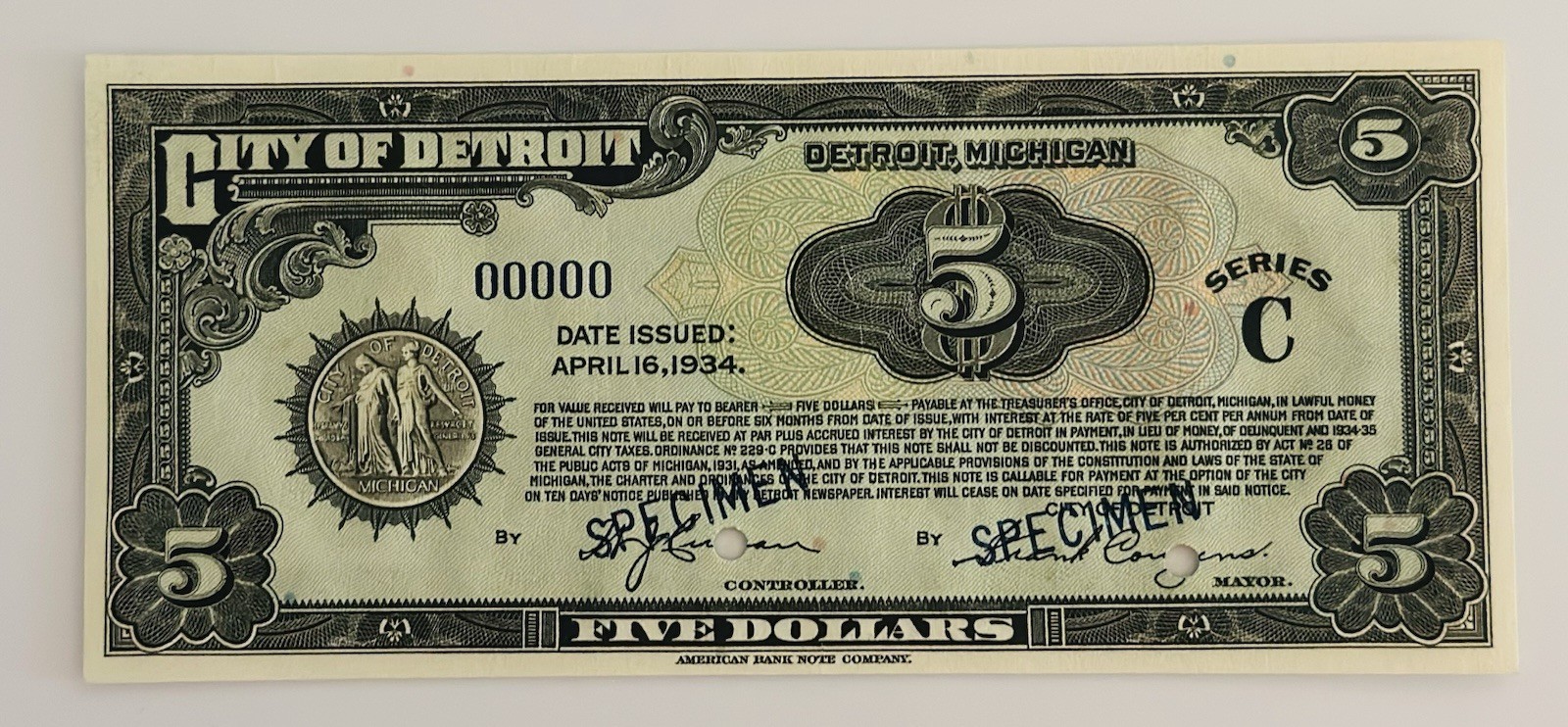 1934 $5 CITY OF DETROIT, MI.  DEPRESSION SCRIPT EXTREMELY RARE SPECIMEN NOTE