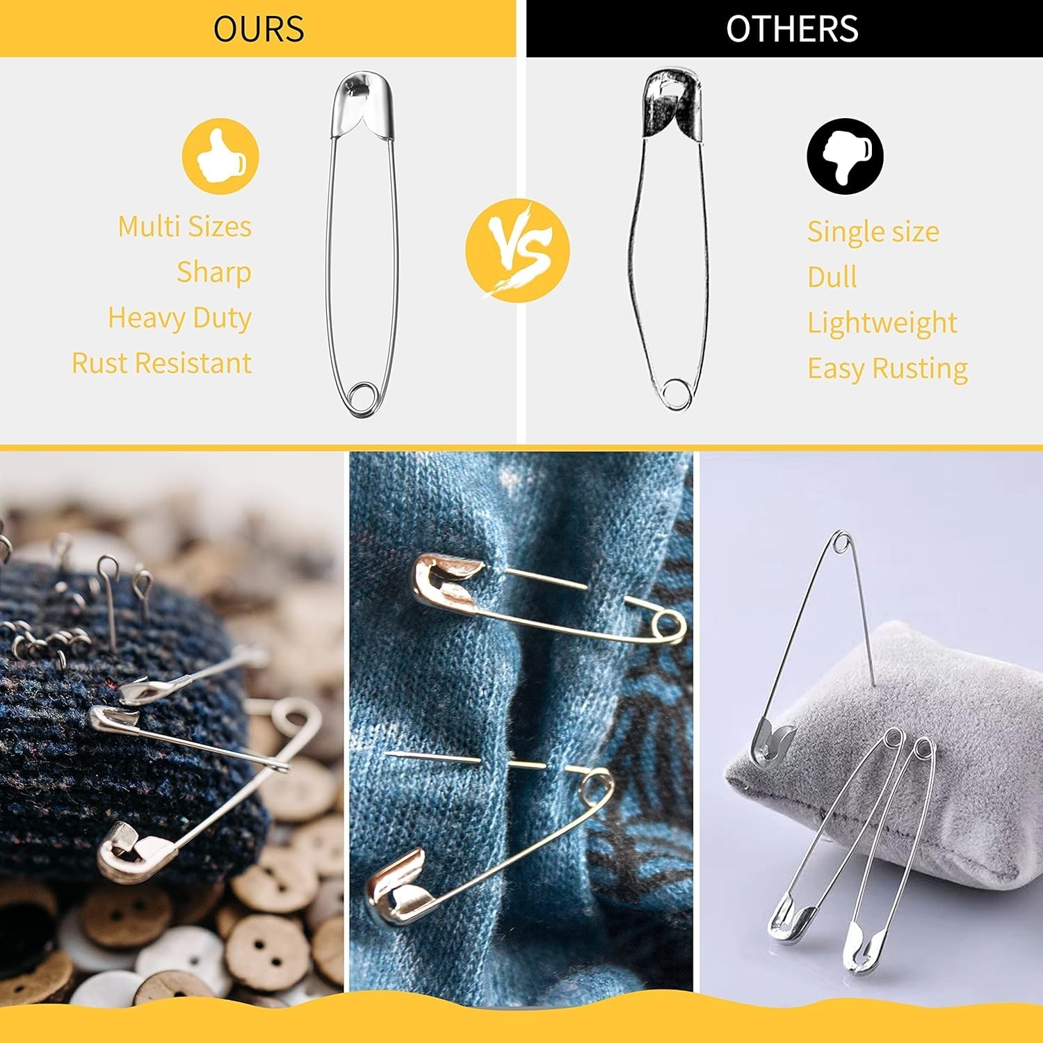 Safety Pins - 150 Pcs Assorted Sizes Silver Pins Bulk - Small & Large Heavy Duty