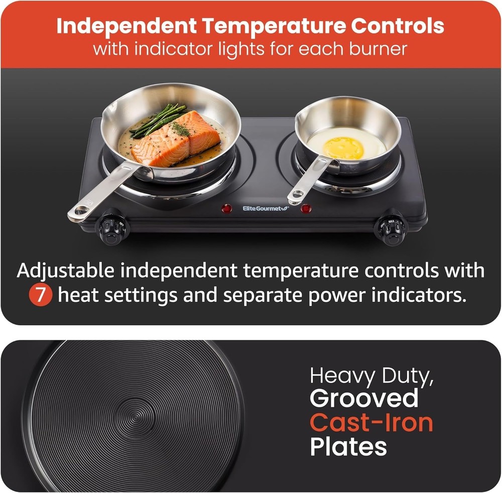 Compact Double Cast Iron Electric Hot Plate with Adjustable Temperature Control