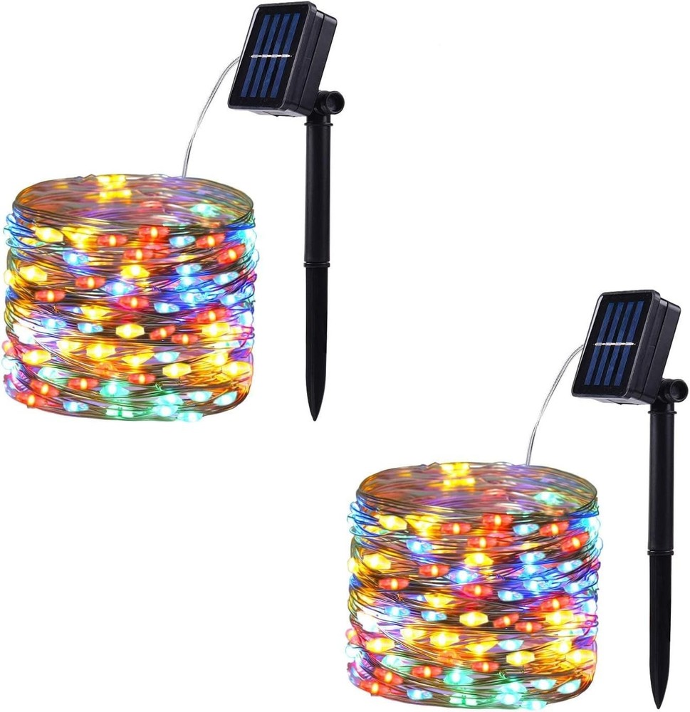 2 Pack 100 LED Solar Powered String Lights Each 33FT Copper Wire 8 Modes Solar