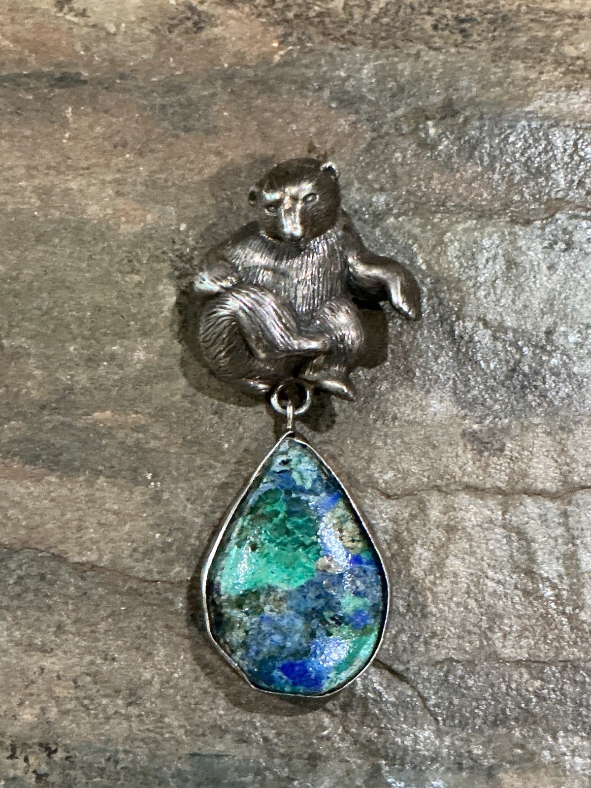 Carol Felley Sterling Silver 3D Bear w Stone Teardrop Pendant/Pin Unique Beauty