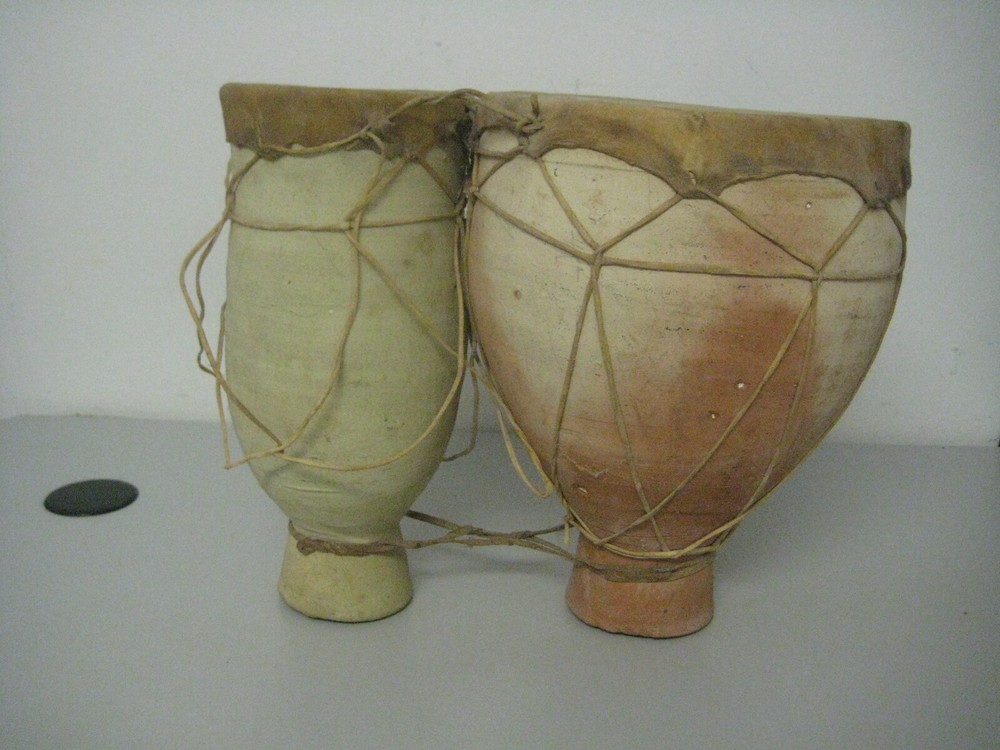 Vintage Terracotta Clay & Hide Double Bongo Drum Rustic Primitive Folk Art